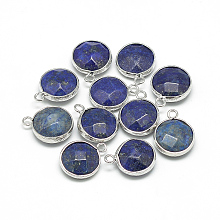 Honeyhandy Synthetic Lapis Lazuli Pendants, with Brass Findings, Faceted, Dyed, Flat Round, Platinum, Blue, 19~21x15~16x6~7mm, Hole: 2mm