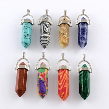 Honeyhandy Mixed Stone Pendants with Alloy Findings, Platinum, 40~42x13.5x10mm, Hole: 2mm