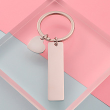 Honeyhandy 304 Stainless Steel Keychain, with Key Rings, Rectangle with Heart, Stainless Steel Color, 80mm