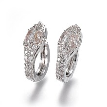 Honeyhandy Brass Hoop Earrings, with Micro Pave Cubic Zirconia, Snake, Clear, Platinum, 18.5x7.2x15mm, Pin: 1mm