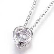 Honeyhandy 304 Stainless Steel Pendant Necklaces, with Brass Cubic Zirconia Pendant, Heart, Clear, Stainless Steel Color, 17.6 inch(45cm), Pendant: 7x7x4mm