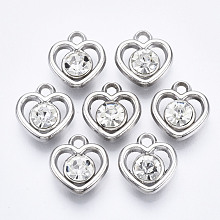 Honeyhandy UV Plating Acrylic Charms, with Acrylic Rhinestone, Heart, Platinum, 14x13x5mm, Hole: 1.8mm