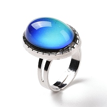 Honeyhandy Glass Oval Mood Ring, Temperature Change Color Emotion Feeling Alloy Adjustable Ring for Women, Platinum, Inner Diameter: 17.5~18.4mm