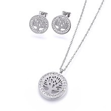 Honeyhandy 304 Stainless Steel Jewelry Sets, Pendant Necklaces and Stud Earrings, with Polymer Clay Rhinestone, Flat Round with Tree of Life, Stainless Steel Color, 17.32 inch(44cm), 14x2mm, Pin: 0.8mm