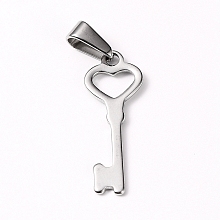 Honeyhandy 304 Stainless Steel Pendants, Large Hole Pendants, for Valentine's Day, Heart Key, Stainless Steel Color, 27x10x1mm, Hole: 8x3mm