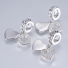 Honeyhandy Brass Cubic Zirconia European Dangle Charms, Heart, Platinum, 20mm, Hole: 4mm, Pendant: 8x8~9x1mm