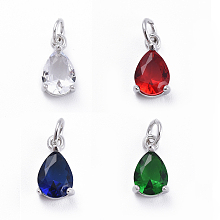 Honeyhandy Brass Micro Pave Cubic Zirconia Pendants, with Jump Ring, Teardrop, Platinum, Mixed Color, 11.5x6.5x4mm, Hole: 3mm