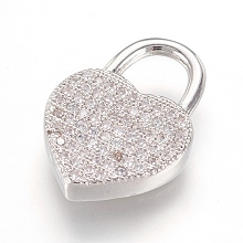 Honeyhandy Brass Micro Pave Cubic Zirconia Pendants, Real Platinum Plated, Heart Padlock, 20x14x3.5mm, Hole: 6x6.5mm