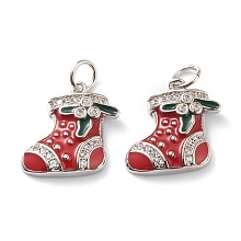 Brass Micro Pave Clear Cubic Zirconia Pendants, with Red & Green Enamel & Jump Rings, Long-Lasting Plated, For Christmas, Stocking, Platinum, 14.5x15.5x2.5mm, Hole: 3mm, Jump Ring: 5x1mm