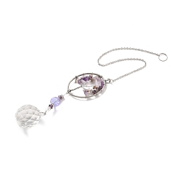 Honeyhandy Amethyst Pendant Decoration, Hanging Suncatcher, with Stainless Steel Rings and Oval Alloy Frame, Teardrop, Purple, 385x2mm, Hole: 10mm