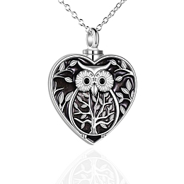 Honeyhandy Alloy Heart with Owl Urn Ashes Pendant Necklace with Enamel, Memorial Jewelry for Men Women, Platinum, 17.72 inch(45cm)