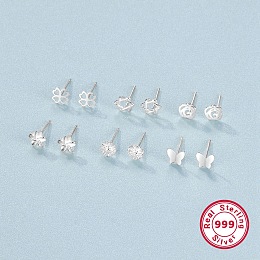 Honeyhandy 6 Pairs 6 Style 999 Fine Silver Stud Earrings Sets for Women, Hollow Clover & Star & Flower & Butterfly, Platinum, 4.5~6mm, 1 Pair/style