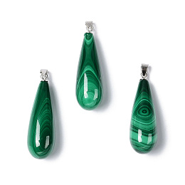 Honeyhandy Natural Malachite Pendants, Teardrop Charms, with Silver Plated 925 Sterling Snap on Bails, 32x10mm, Hole: 2.5x3.3mm