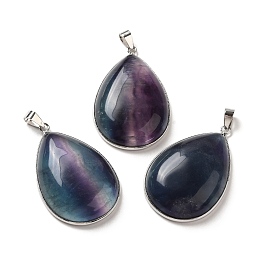 Honeyhandy Natural Fluorite Pendants, Teardrop Charms, with Brass Findings, Lead Free & Cadmium Free, Platinum, 40x26x8.5mm, Hole: 6mm