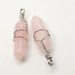 Honeyhandy Natural Rose Quartz Double Terminated Pointed Pendants, with Brass Pendant Settings, Faceted, Bullet, Platinum Metal Color, 35~45x10~13mm, Hole: 3mm