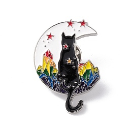 Honeyhandy Rainbow Color Pride Flat Moon with Cat Enamel Pin, Platinum Alloy Brooch for Backpack Clothes, Colorful, 35x25x1.5mm