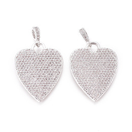 Honeyhandy Brass Micro Pave Cubic Zirconia Pendants, with Tube Bails, Heart, Clear, Platinum, 28x21.5x2mm, Tube Bails: 6x3mm, Hole: 3.5x4mm