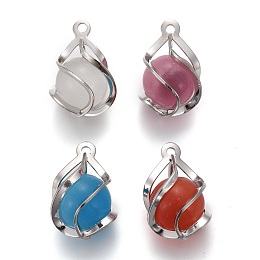 Honeyhandy Cat Eye Pendants, with Brass Findings, Mixed Color, Platinum, 18x12.5mm, Hole: 1.4mm