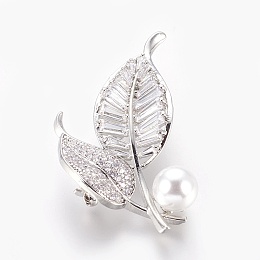 Honeyhandy Brass Cubic Zirconia Brooches, with Acrylic Pearl, Leaf, Platinum, 51x26.5mm