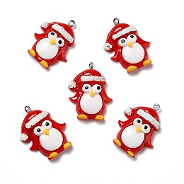 Honeyhandy Opaque Resin Pendants, with Platinum Tone Iron Loops, Christmas Theme, Penguin, Red, 31x24.5x11mm, Hole: 1.8mm