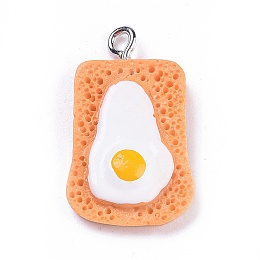 Honeyhandy Resin Pendants, Imitation Food, with Platinum Plated Iron Screw Eye Pin Peg Bails, Bread with Fried Egg, Dark Orange, 24x14.5x4.2mm, Hole: 2mm