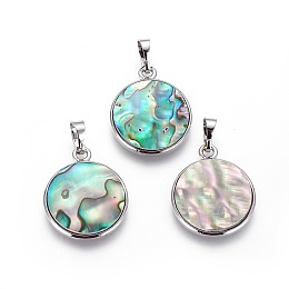 Honeyhandy Abalone Shell/Paua Shell Pendants, with Brass Findings, Flat Round, 26x21.5x4~4.5mm, Hole: 4.5x6.5mm