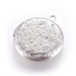 Honeyhandy 304 Stainless Steel Locket Pendants, Flat Round with Flower, Stainless Steel Color, 31x27.5x5.5mm, Hole: 2mm