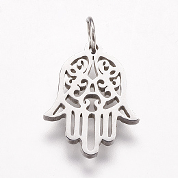 Honeyhandy 316 Surgical Stainless Steel Pendants, Hamsa Hand/Hand of Fatima/Hand of Miriam, Stainless Steel Color, 16.5x12.5x1.5mm, Hole: 3.5mm