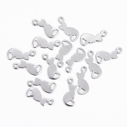 Honeyhandy 304 Stainless Steel Kitten Charms, Cat Silhouette Shape, Stainless Steel Color, 13x5.5x0.5mm, Hole: 1.2mm