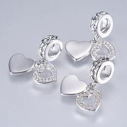 Honeyhandy Brass Cubic Zirconia European Dangle Charms, Heart, Platinum, 20mm, Hole: 4mm, Pendant: 8x8~9x1mm