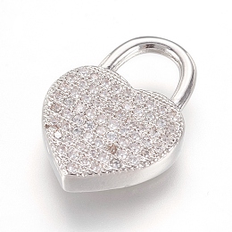 Honeyhandy Brass Micro Pave Cubic Zirconia Pendants, Real Platinum Plated, Heart Padlock, 20x14x3.5mm, Hole: 6x6.5mm