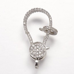 Honeyhandy Brass Micro Pave Cubic Zirconia Lobster Claw Clasps, Platinum, 31x14x4.5mm, Hole: 2mm