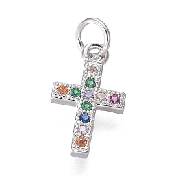 Honeyhandy Brass Micro Pave Cubic Zirconia Tiny Cross Charms, with Jump Rings, Colorful, Platinum, 14x8.5x1.5mm, Hole: 3mm