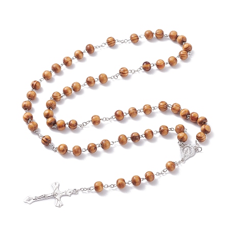 Honeyhandy Religious Prayer Pine Wood Beaded Lariat Necklace, Virgin Mary Crucifix Cross Rosary Bead Necklace for Easter, Platinum, BurlyWood, 29-1/8 inch(74cm)