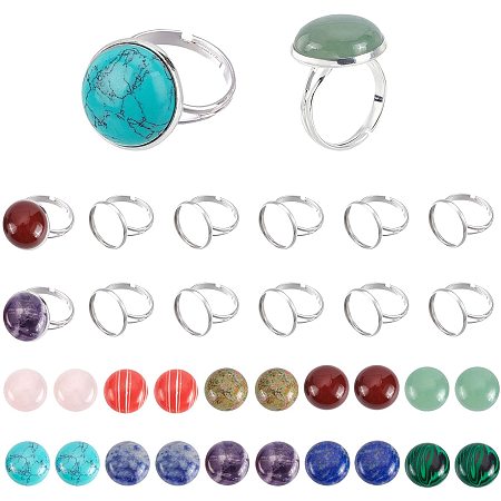 PandaHall Elite 20pcs Adjustable Finger Ring Silver Plated Brass Ring Bezel Tray with 20pcs 10 Color 16mm Flat Back Gemstone Cabochons for Jewelry Making Supplies