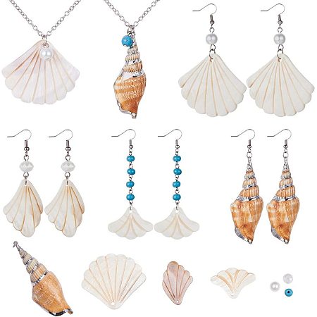 SUNNYCLUE 1 Box DIY 6 Set Seashell Spiral Shell Jewelry Making Kit Accent Ocean Seashell Couch Mermaid Sea Witch Necklace Earring Making Supplies, Ocean Beach Theme, Instruction