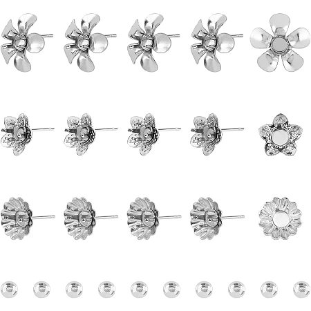 UNICRAFTALE About 30 Sets 10/10.5/15mm Flower Stainless Steel Stud Earring with Rhinestone Cabochons Earring Bezel Cabochons Setting for DIY Earring Making Stainless Steel Color