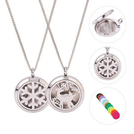 BENECREAT 2PCS Aromatherapy Essential Oil Diffuser Necklace Christmas Theme Stainless Steel Locket Pendant with 24