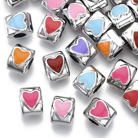 Arricraft UV Plating Acrylic European Beads, with Enamel, Large Hole Beads, Mixed Color, Heart, Platinum, 10x8~9x8mm, Hole: 4mm