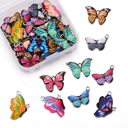 Honeyhandy 48Pcs 12 Styles Printed Alloy Pendants, with Enamel, Butterfly, Light Gold, Mixed Color, 4pcs/style
