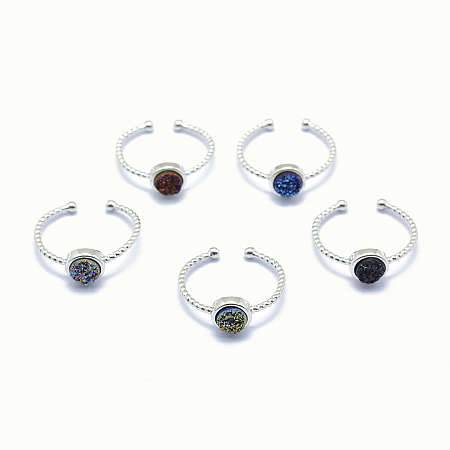 Honeyhandy Electroplate Natural Druzy Agate Cuff Finger Rings, with Brass Findings, Platinum, 19mm, 1.5~2.5mm