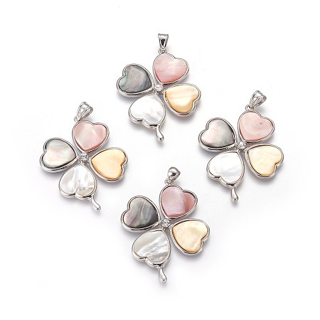 Shell Big Pendants, with Platinum Plated Brass Findings and Rhinestone, Clover, Colorful, 55x44x3.5mm, Hole: 8x4.5mm