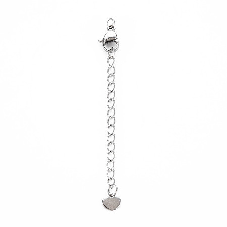 Honeyhandy 304 Stainless Steel Chain Extender, Cadmium Free & Nickel Free & Lead Free, with Clasps and Tiny Heart Charm, Stainless Steel Color, 50mm, Hole: 2.5mm