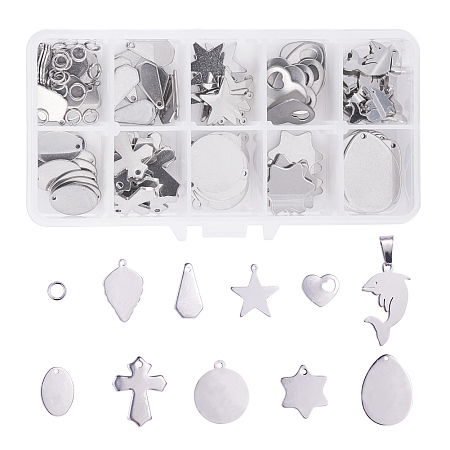 PandaHall Elite 100 Pcs 304 Stainless Steel Flat Blank Stamping Tag Pendants Charms 10 Styles with 20 Pcs Jump Rings for Jewelry Making
