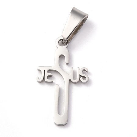 Honeyhandy Easter 304 Stainless Steel Pendants, Cross with Word Jesus, Stainless Steel Color, 21x12x1.2mm, Hole: 3.5x7mm