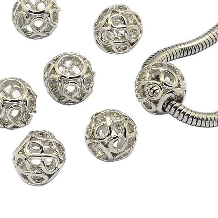 NBEADS 10 pcs Platinum Hollow Rondelle Alloy European Large Hole Beads for Jewelry Making 11x9.5mm, Hole: 5mm