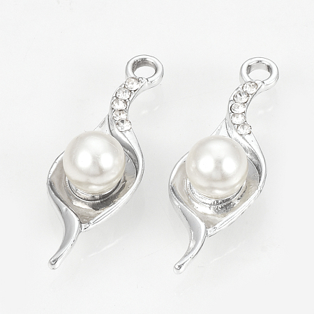 Honeyhandy Alloy Pendants, with ABS Plastic Imitation Pearl Beads and Rhinestones, Leaf, Platinum, 30.5x11x8mm, Hole: 2mm