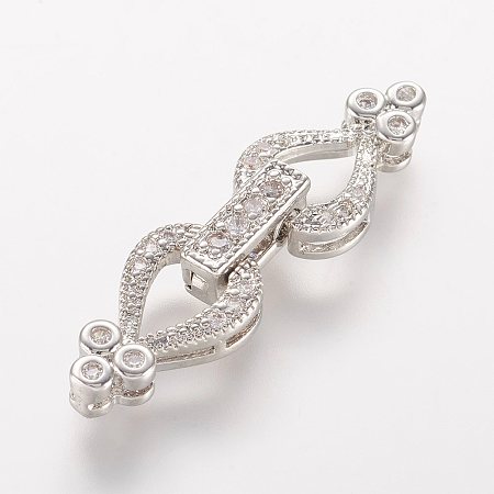 Honeyhandy Brass Micro Pave Cubic Zirconia Fold Over Clasps, Heart, Platinum, 30x8.5x3mm, Hole: 0.5mm