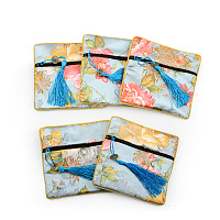 Retro Square Cloth Zipper Pouches, with Tassel and  Flower Pattern, Alice Blue, 11.5x11.5cm