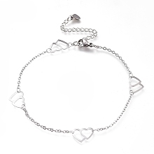 Honeyhandy Tarnish Resistant 304 Stainless Steel Cable Chain Anklets, with Double Heart Links and Lobster Claw Clasps, Stainless Steel Color, 9-1/8 inch(23cm)